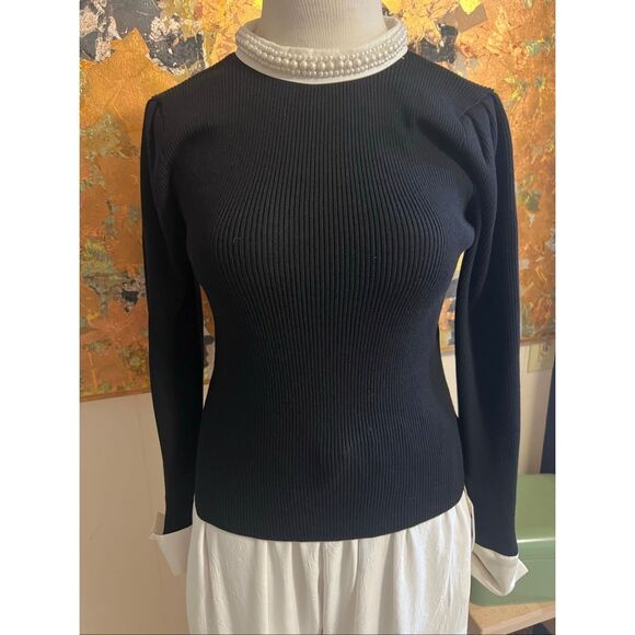 NWT Commense Contrast Trim Pearl-Detail Black Ribbed Slim Fit Pullover Sweater L - Picture 3 of 13